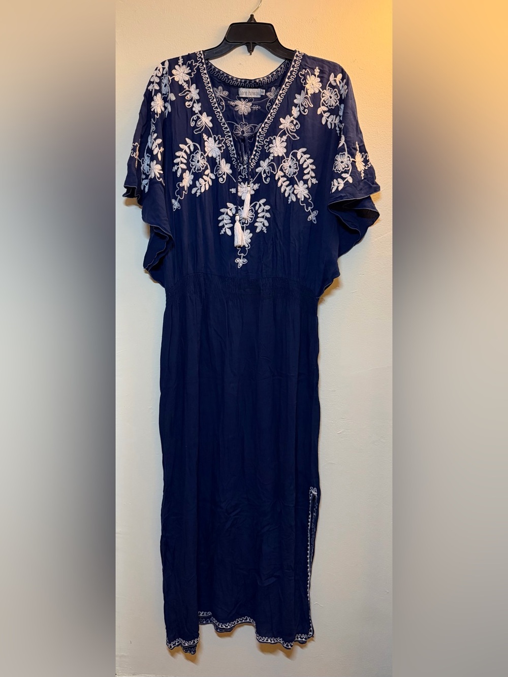 Tiare Hawaii Floral Embroidered Kaftan Maxi Dress in Navy Blue